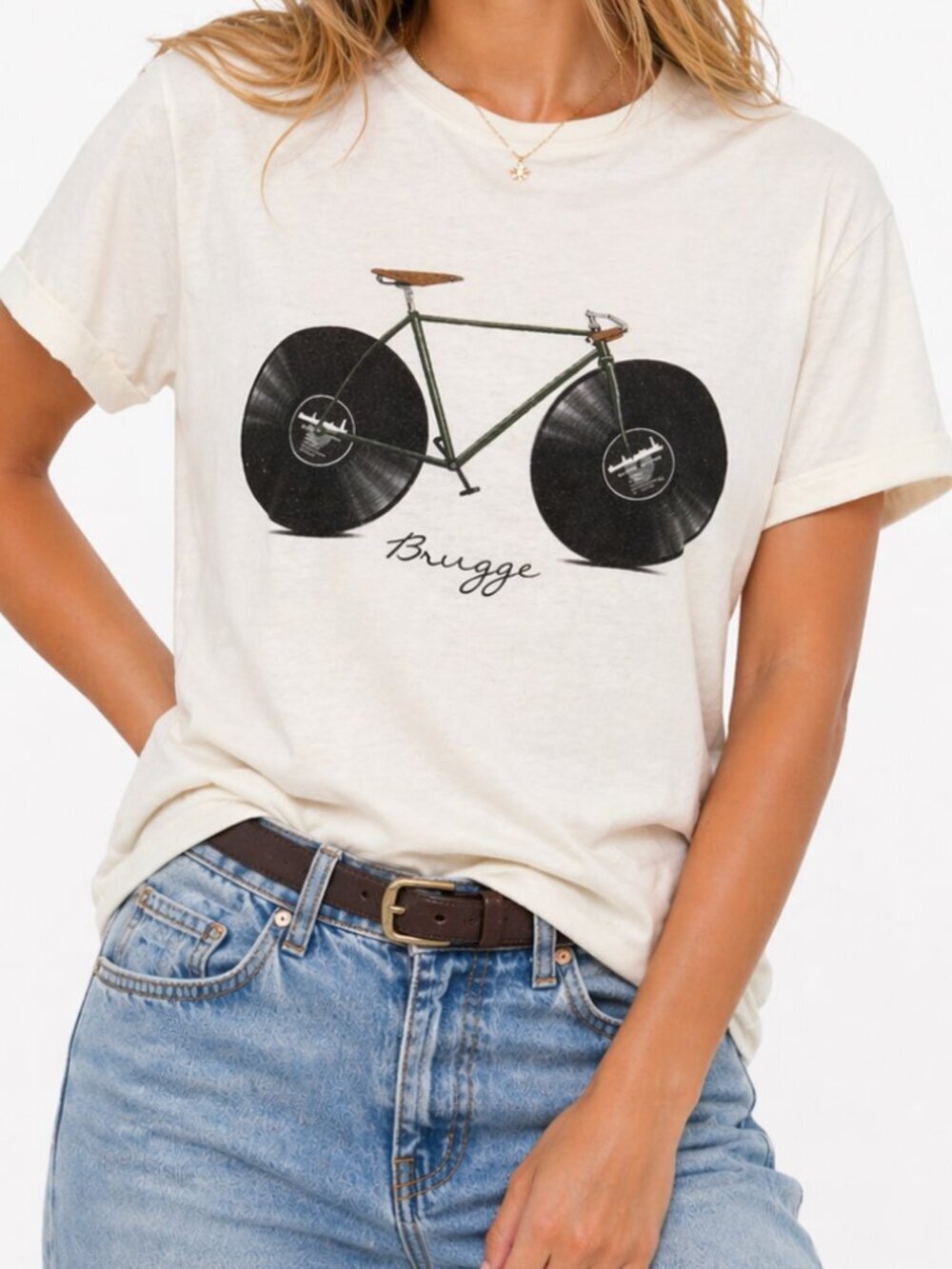 Brugge Belgium Vinyl Wheel Bicycle Cream T-Shirt M/L